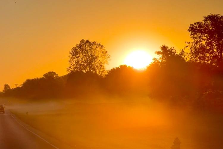 The sun rising through morning mist over a field beside a quiet two-lane road.